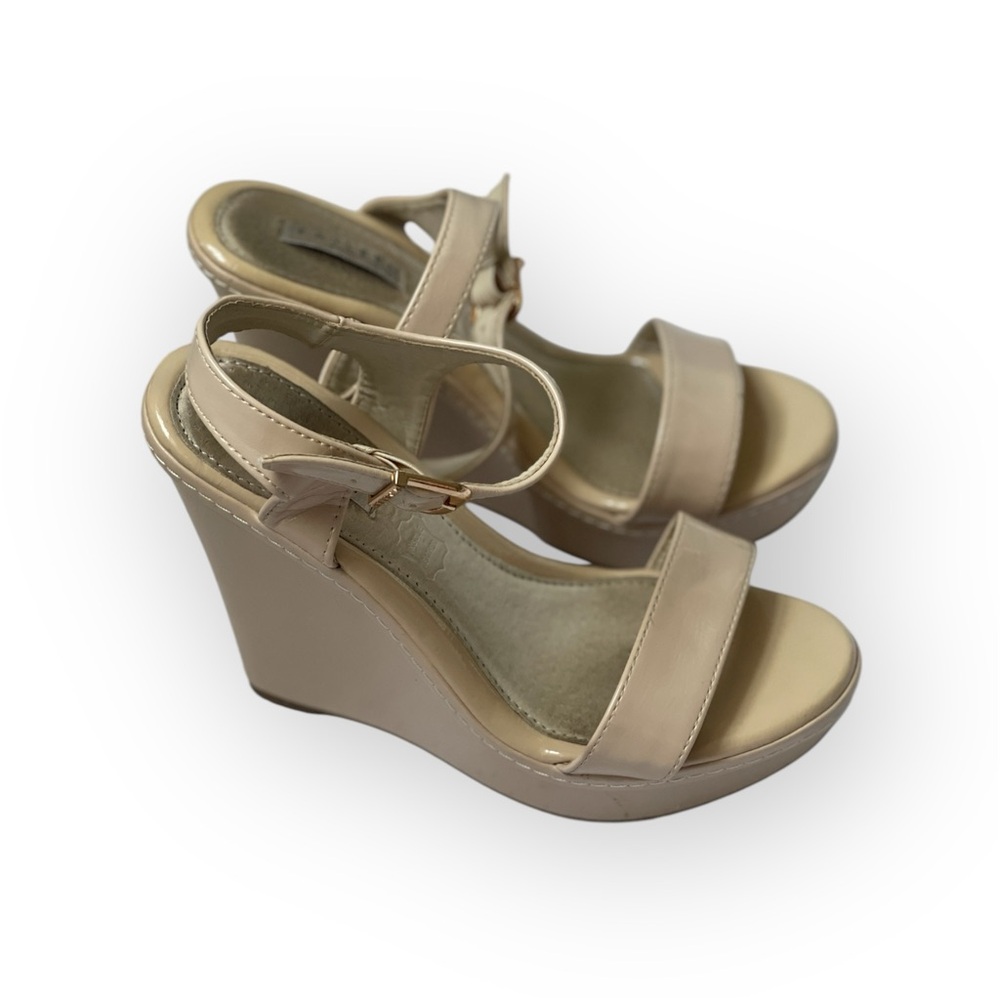 Tan Wedge Shoes with High Heel and Ankle Strap